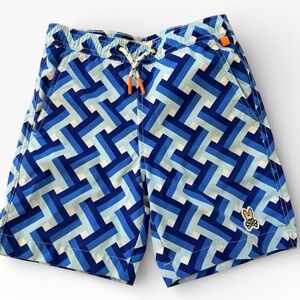 Psycho Bunny Boys Blue Geometric Swim Trunks Size 7/8